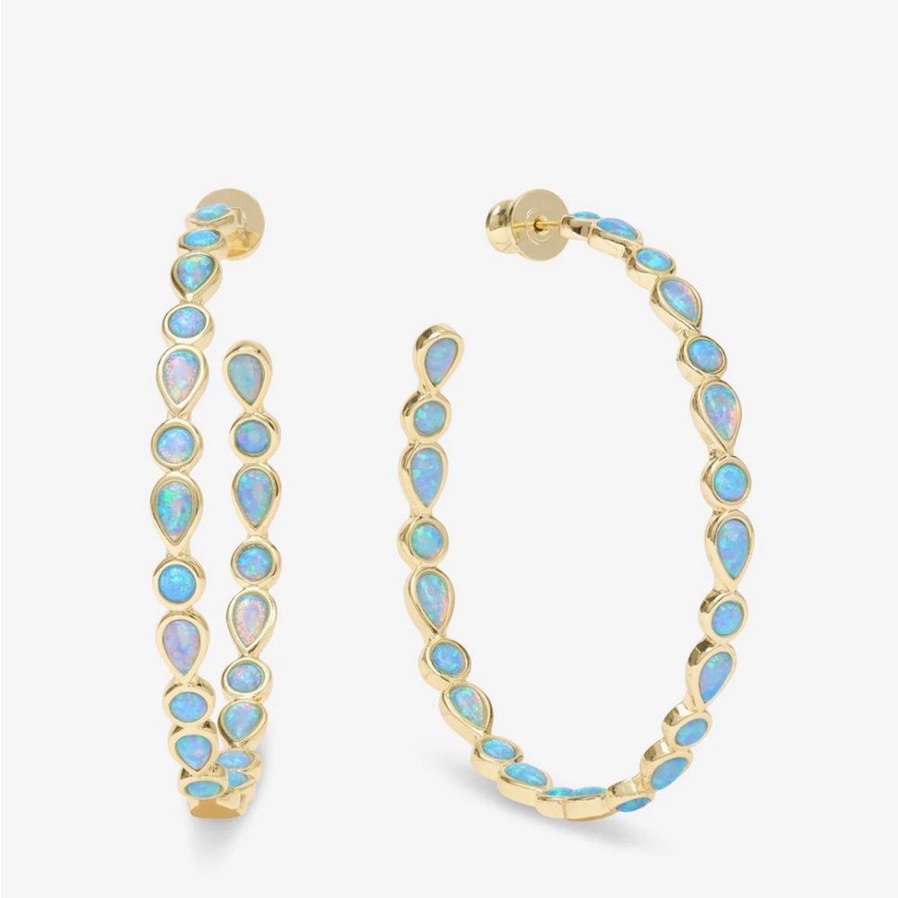 Melinda Maria Gold Hoop Earrings with Blue Opal Teardrop Inlays